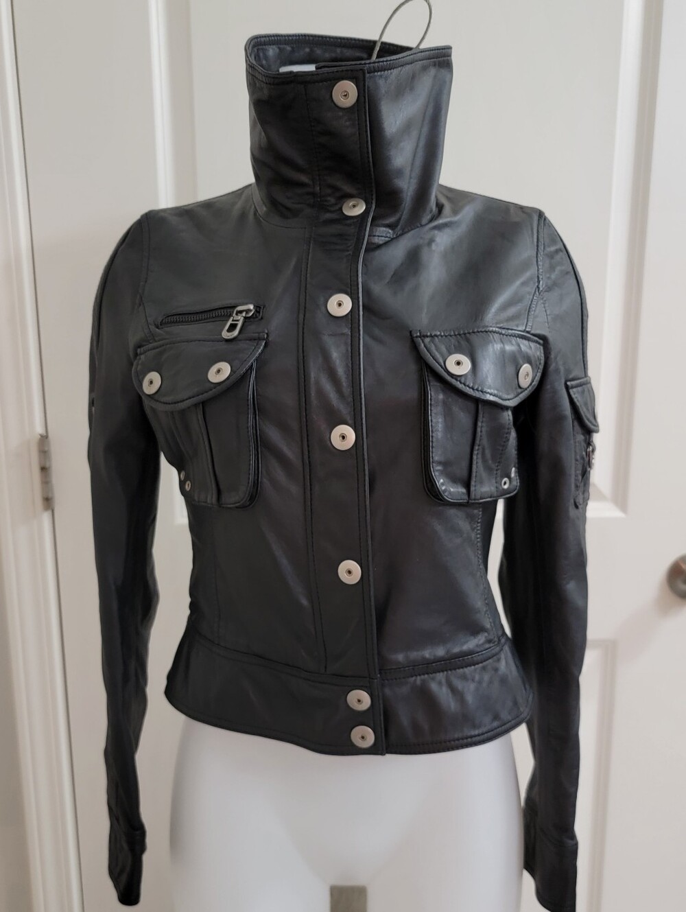 Women’s Black Genuine  Leather Button-Front Jacket with High Collar